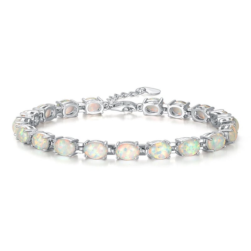 CiNily Oval Shape Tennis White Opal Bracelet for Women Ladies Adjustable Opal Jewelry Rhodium Plated Gemstone Bracelet 8.5" - Image 1